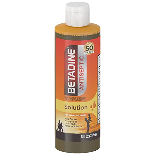 3156-p6M-IL.jpg Betadine Antiseptic First Aid Solution, Povidone-iodine 10%, Infection Protection, Kills Germs In Minor Cuts Scrapes And Burns, No Sting Promise, No Alcohol or Hydrogen Peroxide, 8 FL OZ - Image 1