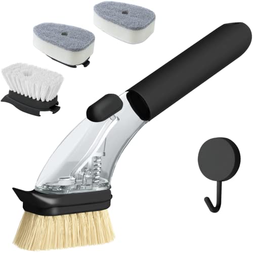 41AwFUfhhxL.jpg DAPOWER Dish Brush with Handle, Dish Scrubber with Soap Dispenser, Kitchen Scrub Brush for Dishes Pots Pans Sink Cleaning, 4 Replaceable Brush Heads (Black) - Image 1