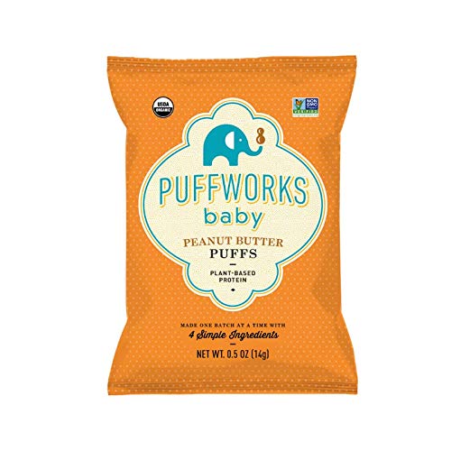 41JS1rIs89L.jpg Puffworks Baby Organic Peanut Butter Puffs, Perfect for Early Peanut Introduction for Allergy Prevention, Plant-Based Protein, USDA Organic, Gluten-Free, Vegan, Non-GMO, Kosher, 0.5 Ounce (Pack of 12) - Image 1