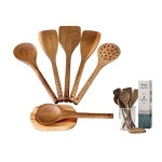VERY NITTY Very Beautiful Kitchen Utensil Set, 7pc Wooden Cooking Utensils, Spoons and Spatula Set with Spoon Rest. Wood Kitchen Gadgets, Tools and Supplies for Cooking, Baking, Mixing and Salad Bowl