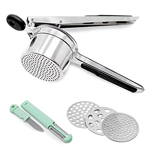 41X0D7YLgL.jpg Cook Army Potato Ricer Stainless Steel Professional – 15 Oz Ricer Kitchen Tool With 3 Interchangeable Discs & Non Slip Handle – Mashed Potatoes Ricer & 3 in 1 Veggie Potato Peeler Knife Gadget - Image 1