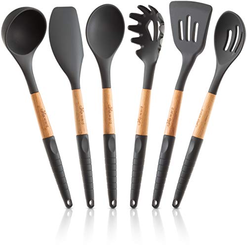 41j6AE0sfBL.jpg Silicone Cooking Utensils Set (6 pcs) Natural Wood Kitchen Utensils – Eco Friendly & BPA Free, Non Scratch & Non Stick Easy Grip Cooking Tools And Best Kitchen Gadgets Tools for Cookware - Image 1