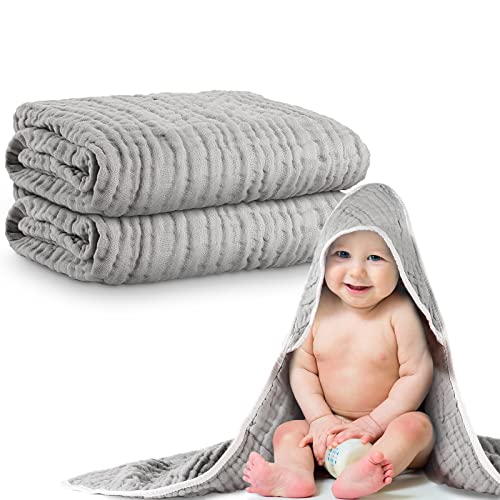 41sPgUpyfaL.jpg Muslin Cotton Hooded Baby Bath Towel Sets Large 32 x 32 Inch Soft Unisex Bath Towels Bulk for Babies, Toddler, Infant, Newborn, Baby Gifts for Girl Boy (Light Gray, 2 Pieces) - Image 1
