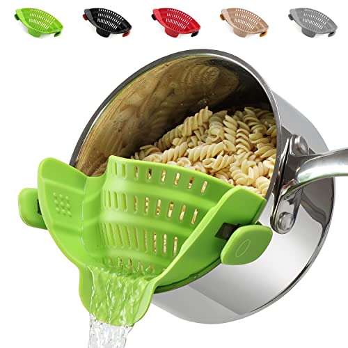 51304bGVNDL.jpg Upgraded Clip on Pot Strainer Silicone Colander Hands-free Drainer Kitchen Gadgets, Heat Resistant for Pasta Spaghetti Meat Grease Fits Pots Pans Bowls, Green - Image 1