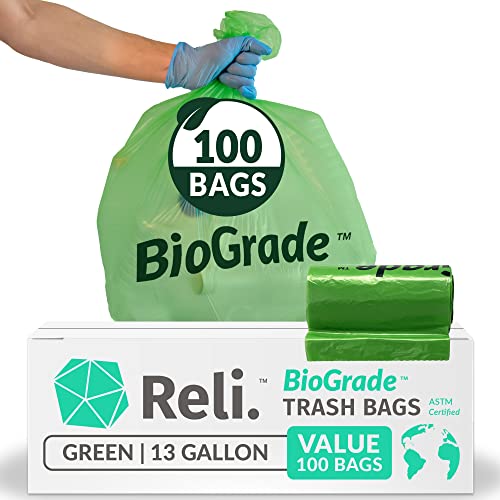 51PmBAx2DxL.jpg Reli. Biodegradable 13 Gallon Trash Bags | 100 Count | ASTM D6954 | Green | Eco-Friendly | Oxobiodegradable Under Certain Conditions (See Product Description) - Image 1