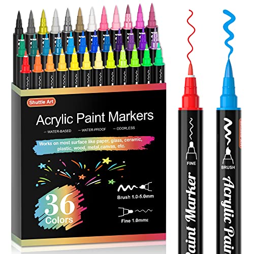 51gMoY8JvOL.jpg Shuttle Art 36 Colors Dual Tip Acrylic Paint Markers, Brush Tip and Fine Tip Acrylic Paint Pens for Rock Painting, Ceramic, Wood, Canvas, Plastic, Glass, Stone, Calligraphy, Card Making, DIY Crafts - Image 1
